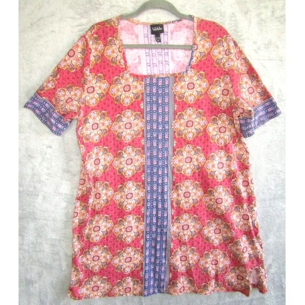Ulla Popken Women's 16/18 Boho Tunic Dress 2000s Pink Blue Floral Geometric Prin